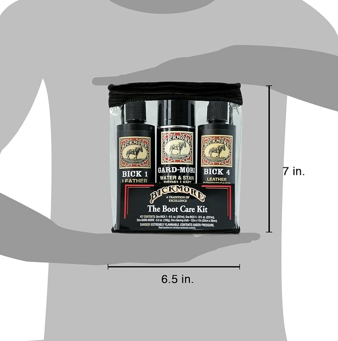 Leather Boot Care Kit - Bick 1 Cleaner, Bick 4 Conditioner, Gard-More Water Repellent Spray & Cloth - Made in USA - Shoe Care Set for Cowboy Boots, Work Boots, Furniture, Bags, Purses, Jackets, & Tack