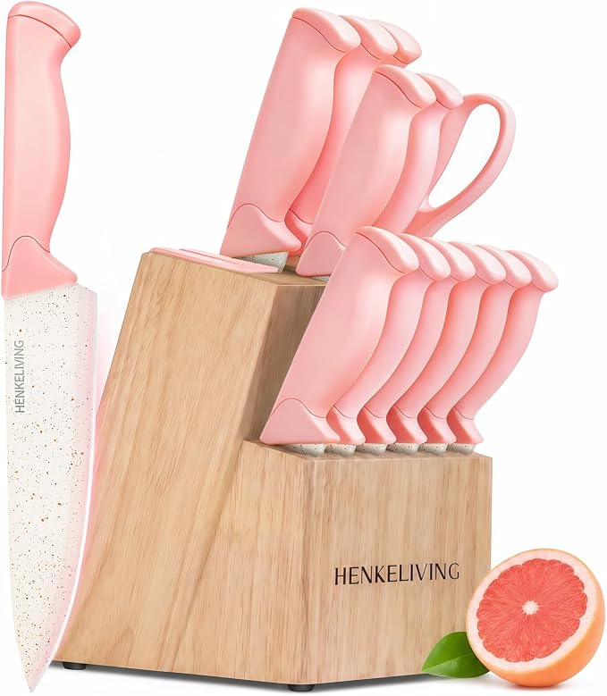 14-Piece Peach Pink Knife Block Set with Built-In Sharpener | German high-carbon stainless steel blades, dishwasher safe, ultra-sharp edges, ergonomic non-slip handles