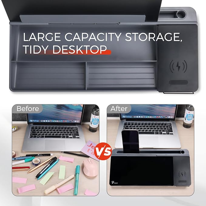 TOWON Glass Desk Whiteboard with Wireless Charger, Desktop Dry Erase Board with Storage & Phone Stand – Compact ~16 x 7 in, Black – Includes Marker & Eraser, Tempered Glass, Rewrite Reusable