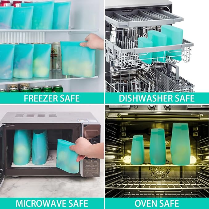 Reusable Food Bags, 12 Pack 100% Silicone Food Storage Bags Stand Up Zip Lock Container, Freezer Microwave Oven Dishwasher Safe, 4 Medium 4 Small 4 Extra Small, Aqua