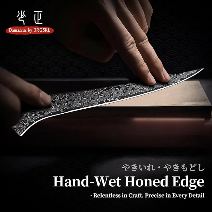 DRGSKL Damascus Fillet Knife 7 Inch - VG10 Razor Sharp Slicing Knife | Japanese VG10 Core, Black Anti-corrosion Coating, Damascus Blade, G10 Handle, Gift Box, Wet Edge Grinding Technology