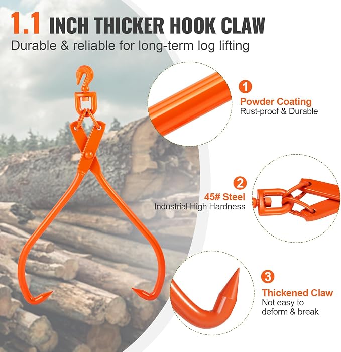 VEVOR Heavy Duty Rotating Steel Lumber Skidding Tongs, 32 inch 2 Claw Log Lifting Tongs, 1543 lbs/700 kg Loading Capacity