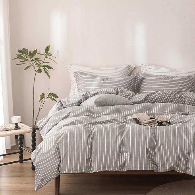 Stripe Duvet Cover Twin Size 90inch x 68inch, 100% Washed Cotton Linen Feel Duvet Cover with Zipper Closure and 1 Pillowcases, Color of Grey-White Stripe