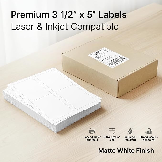 3.5" X 5" Matte White Printable Shipping Labels (30 Sheets, 120 Stickers) Mailing and Address Labels, Product Packaging Stickers for Laser & Inkjet Printers - Spartan Industrial Template R016