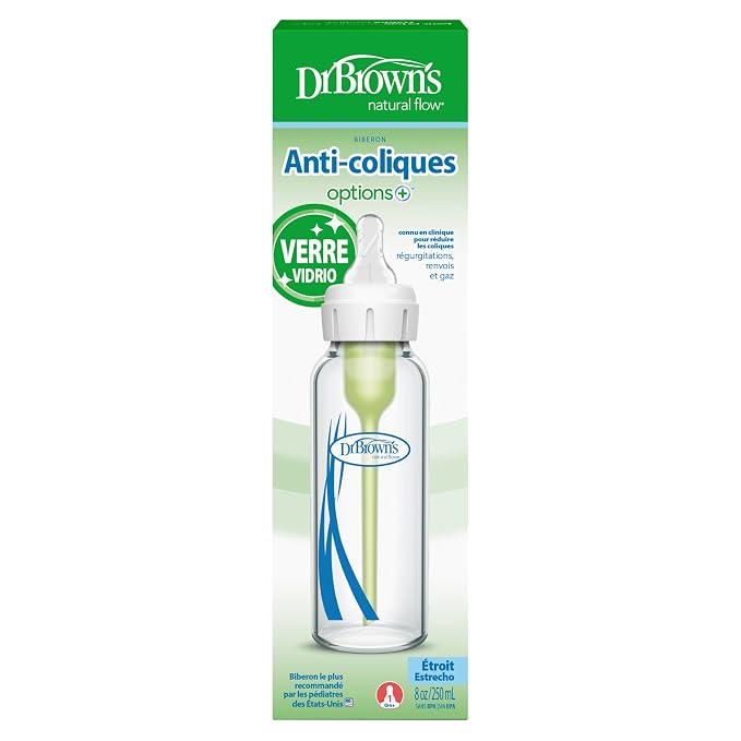 Dr. Brown's Anti-Colic Options+ Narrow Glass Baby Bottle with Level 1 Slow Flow Nipple, BPA-Free, 8 oz/250 mL, 0m+, 1-Pack (Packaging May Vary)