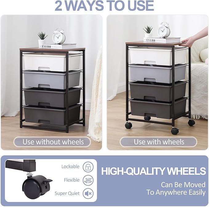 SYKIARIOL Utility Cart with 4 Drawers,Rolling Storage Cart with Drawers,Light Grey