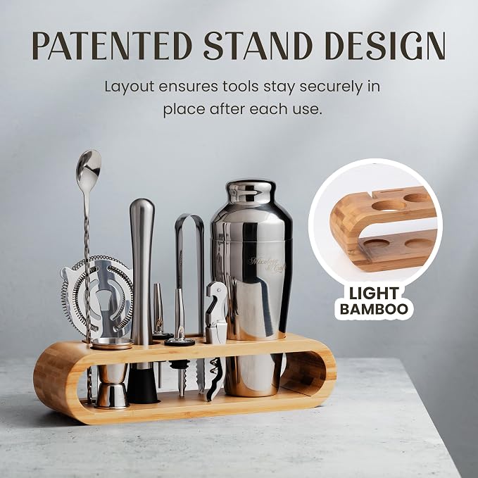 Mixology & Craft Cocktail Shaker Set with Bamboo Stand - Professional10-Piece Bartender Kit, Complete Bar Set for Home Use with Jigger, Muddler, Strainer, Spoon, Pourers & Corkscrew (Silver)