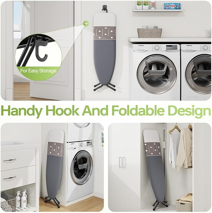 Foldable Ironing Board Standard Size, Iron Board Table Stand Foldable, Space-Saving Iron and Ironing Boards Set, Folding Ironing Boards Full Size with High Speed Zone and Hanging Hook 13x43 Warm Gray