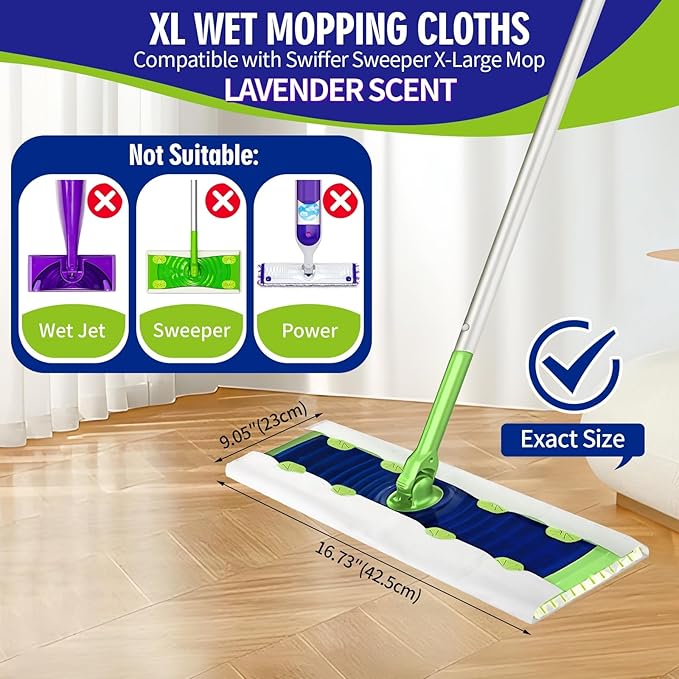 20 Count XL Heavy Duty Wet Mopping Cloths Refill Compatible with Swiffer Sweeper XL Mop, Disposable Wet Pads Refill X-Large Size for Multi-Surface Floor Cleaning, Lavender Scent