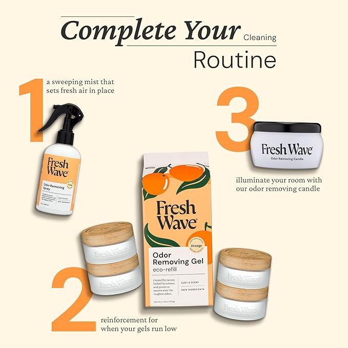 Fresh Wave Odor Removing Gel Eco-Refill, 63 oz. Orange Scent | 4 Empty Refillable Glass Jars | 4 Room Set