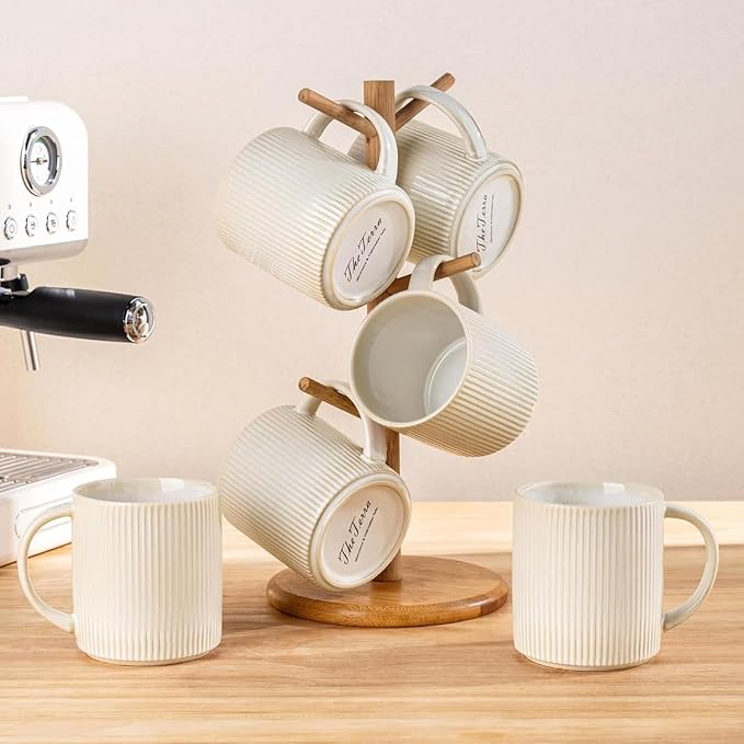 theterra Ceramic Coffee Mugs Set of 4, 14.2oz Handmade Coffee Cups with Handle for Latte, Tea, Milk, Beer, Hot Cocoa, Reactive White