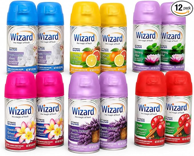 Wizard Automatic Spray Refills Summer Fresh Collection Variety Pack Compatible with Air Wick Freshmatic Dispensers Tropical Citrus Hawaiian Retreat Freshly Folded Linen Lavender Apple Cinnamon 12 Pack