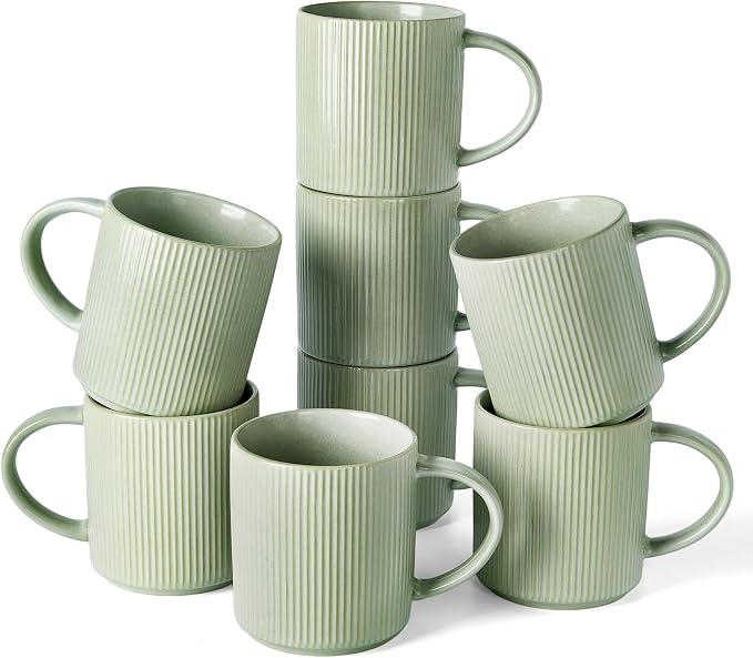 famiware Coffee Mug Set for 8, Star 16 oz Catering Mugs Cup Set with Handle for Coffee, Tea, Cocoa, Milk - Ceramic Stoneware Drinkware Set, Matte Green