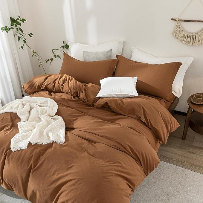 100% Washed Cotton Dark Orange Duvet Cover Oversize Queen Size Bedding Set Cover 1 Duvet Cover with Zipper Closure Plus 2 Pillowcases, 98inch x 98inch