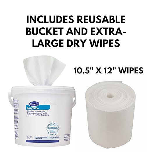 Diversey 5768748 EasyWipe Disposable Wiping System, DRY Wipes in Reusable Bucket - Use with Your Choice Disinfectant, 125 Large 12x10.5-Inch Wipes, 1-Bucket (Pack of 6)
