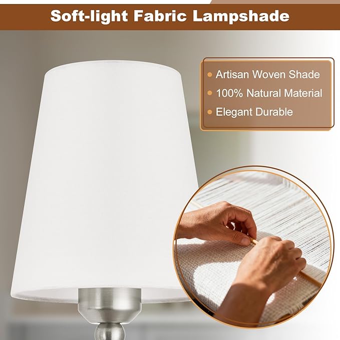 Bathroom Vanity Light, Brushed Nickel Bathroom Light Fixtures, 3-Light Lighting Fixtures Over Mirror, Modern Wall Sconce with Flared White Fabric Shade, E26 Socket(ETL Listed)