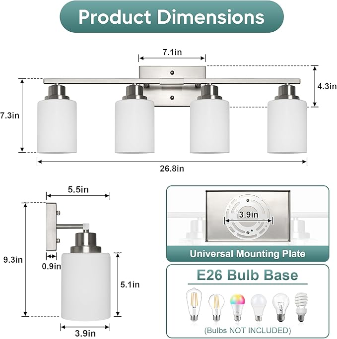 Ascher Bathroom Light Fixtures, 4-Light Vanity Light Over Mirror, Brushed Nickel Wall Sconces with Milky White Frosted Glass Shades, Wall Lamp for Living Room Bedroom, E26 Base(Bulbs Not Included)