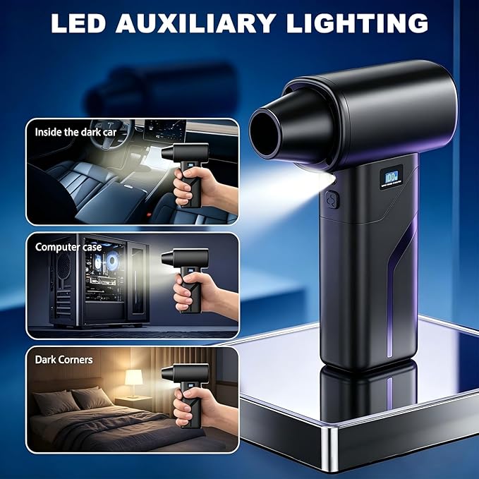 2-in-1 Vacuum and Blower, 110,000 RPM Compressed Air Duster, 160g Powerful Jet Dry Blower, Smart LED Display & Magnetic Nozzles, Cordless Air Duster for PC Cleaning Kit, Keyboard, Car Detailing