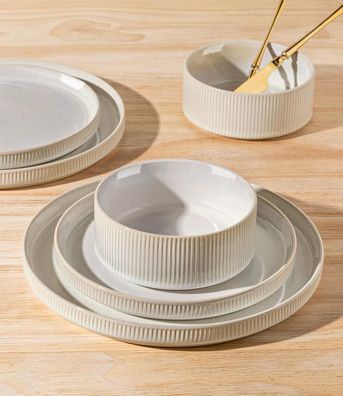 TheTerra Ceramic Dinnerware Sets for 4, 12 Pieces Porcelain Lightweight Plates and Bowls Sets, Scratch Resistant Dish Set, Oven & Microwave & Dishwasher Safe,Reactive White