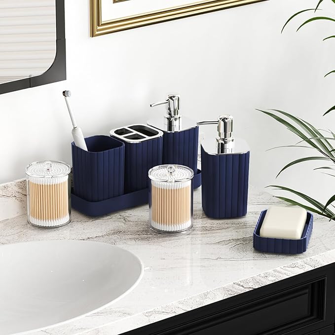 XLHOMO Navy Blue Bathroom Accessories Set - Gorgeous Bathroom Set, 10PC Bathroom Accessory Set, Toilet Brush, Trash Can, Qtip Holder & Soap Dispenser