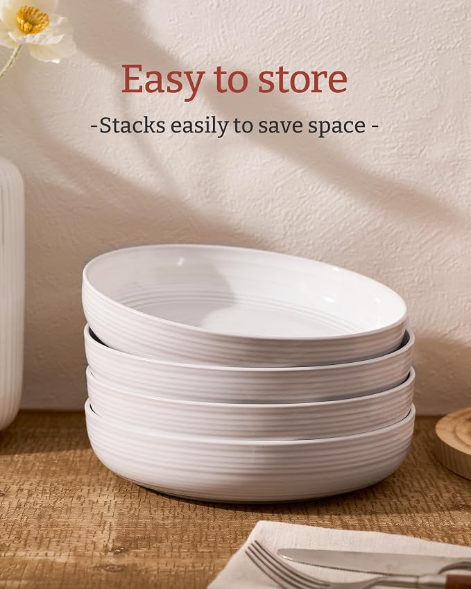 famiware Milkyway 33 oz Bowl Set, Pasta Bowls Set of 6, Salad Bowls, Double Reactive Glaze, Sturdy & Stackable, Ideal for Housewarming, Festivals, White Thread