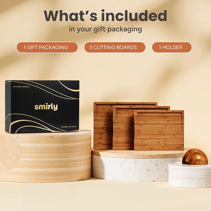 SMIRLY Cutting Board, Carbonized Bamboo Cutting Board Set of 3 with Stand | Non Toxic Wooden Cutting Board with Juice Grooves and Handles, Multiple Sizes Chopping Boards for Meat Vegetable Charcuterie