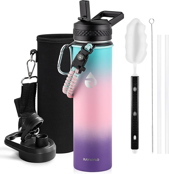RAYMYLO Insulated Water Bottle 24 oz, Triple Wall Vacuum Stainless Steel (Cold for 24Hrs, Hot for 12Hrs), Leak Proof & Non-BPA, Modern Water Flask Jug with Paracord Handle & Straw Spout Lids