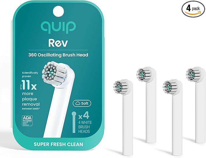 quip Rev Oscillating Electric Toothbrush Heads - 4 Pack - Verified quip Brush Head Refills for Oscillating Toothbrushes - Soft Bristles, Dual-Length, Compact - Last 3 Months Each - White
