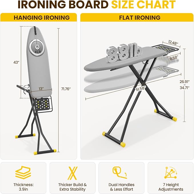 KINGBOARD 2-in-1 Stander & Steam Foldable Ironing Board with Iron Rest | 13 x 43 inchs, Height Adjustable, Alloy Structure, Non-Slip Feet, Space Saving for Laundry Rooms, Bedrooms, Dormitories