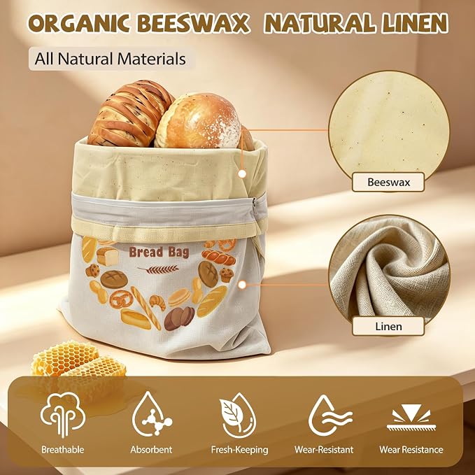 Large Linen Beeswax Bread Bags(2 Pack) Sourdough Bread Bags Reusable Double-Lock Freezer Baking Container Gift Giving for Homemade,Loaf,Sourdough,Food Storage (Bread Wreath Print)