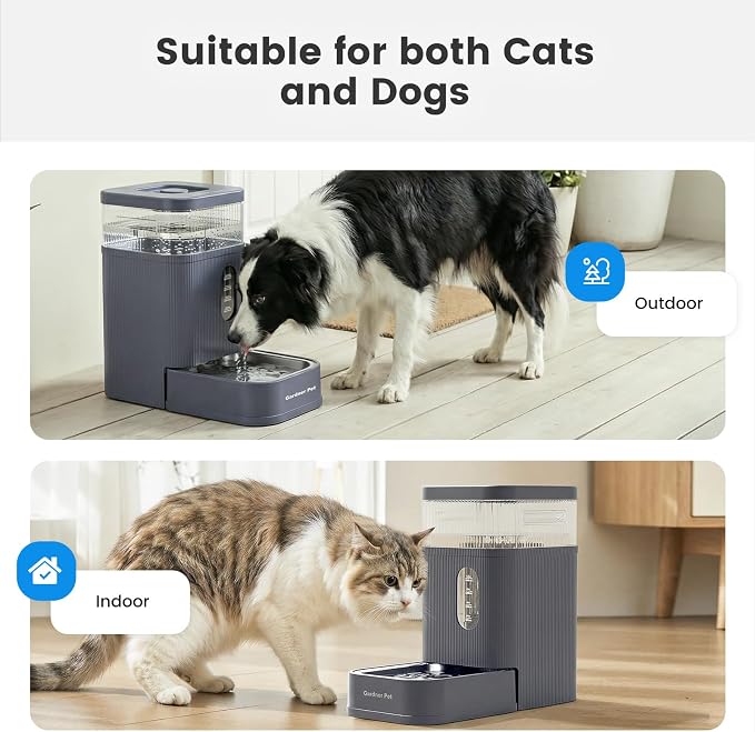 Gardner Pet 2.2 Gallon Automatic Dog Water Bowl Dispenser 8.5L Gravity Water Feeder with Stainless Steel Bowl & Maifan Stone Filter, BPA-Free for for Cats and Dogs (Grey, 2.2 Gallon)