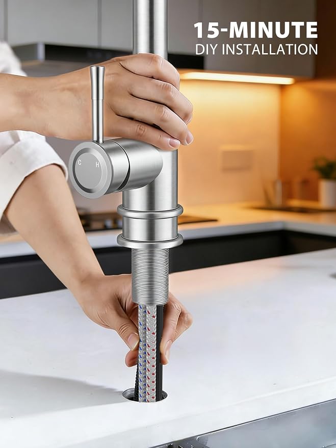 Hiqufet Vintage Kitchen Faucet, Pull Down Sprayer, Brushed Nickel | Easy Install, 360 Swivel, 3 Spray Modes, SUS304 Stainless Steel, High Arc, Fits RV/Laundry/Bar Sinks, High Arc, Lead-Free