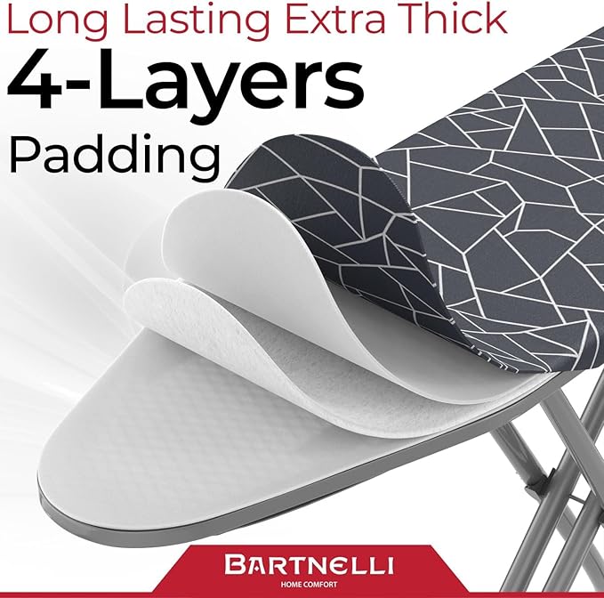 Bartnelli Compact Ironing Board, 13x43 Space-Saving Steel Foldable Iron Board, 4 Layer Cotton Cover, Adjustable Height, Bonus Hanger and Silicone Iron Pad