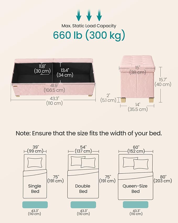 SONGMICS Storage Ottoman Bench, PU Leather Foldable Footrest with Padded Seat, 43.3 x 15 x 15.7 inches, Pink, Sturdy Space Saving Chest for Bedroom, Minota Collection ULSF524SA01
