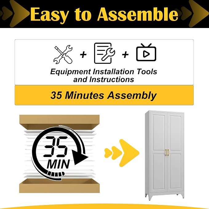 SteeLoong 75”Metal Pantry Storage Cabinet with Doors & 5 Adjustable Shelves | Kitchen Pantry Cabinet,White Kitchen Cabinet with 2 Gold Handles,Tall Cabinet for Livingroom,Pantry, Bathroom,Kitchen,Garage