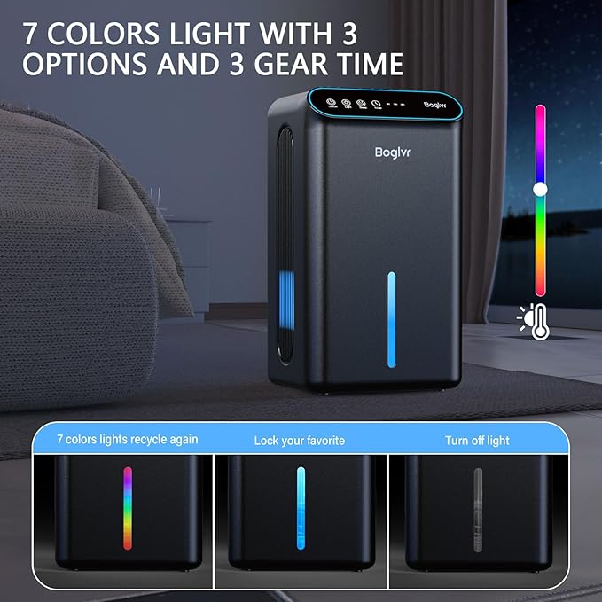 Dehumidifier for Home up to 1000 sq.ft, 98oz Small Quiet Dehumidifier with Drain Hose, 3 Timer Modes, Auto Shut Off, Aromatherapy & 7 Color Light for Bedroom, Bathroom, Basement (Pure Black)