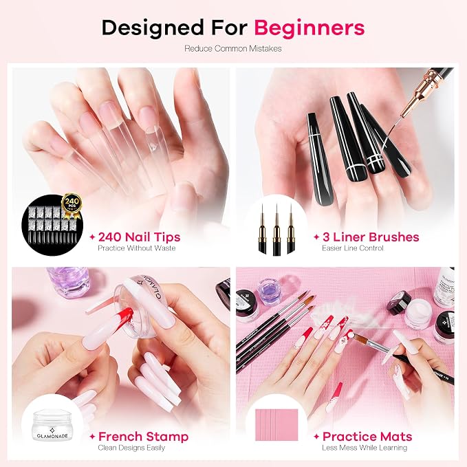 Glamonade Acrylic Nail Kit for Beginners: Professional Nail Set with Drill Acrylic Powder Gel Polish Nail Stamp for Home Starter Practice & DIY Manicure