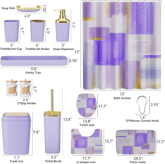 XLHOMO Bathroom Accessories Set - 25PC Bathroom Set with Shower Curtain and Rugs, Purple Bathroom Set, Bathroom Accessory Set with Press-on Lid Trash Can, Soap Dispenser and Qtip Holders