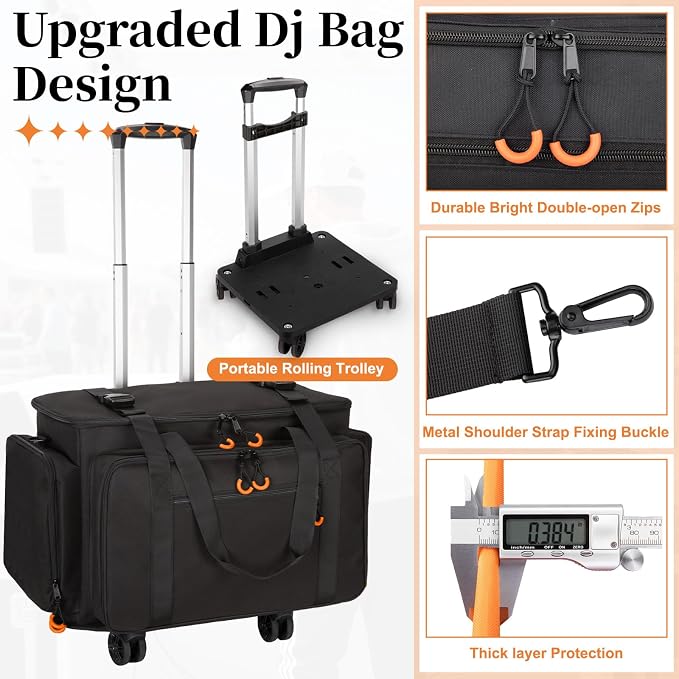 Rolling Dj Cable Bag with Laptop and Microphone Pocket, Dj Bag for Equipment and Music Accessories with Detachable Dividers, Bottom Pad, Dj Gig Bag for Musicians, Professional, Travel, Orange