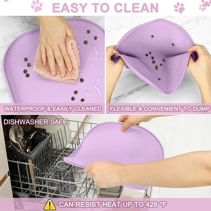 SMILOOL Waterproof Silicone Pet Food Mat with Raised Edge for Dog & Cat | 12" x 12" Non-Slip Small Pet Feeding Mats with Lip for Food & Water Bowl, Food Grade, Easy Cleaning, Lavender