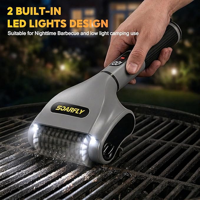 SOARFLY Electric BBQ Grill Brush, 800RPM Grill Cleaner for Outdoor Grill with 2-Speed & 20kg Torque–Last 3.5H, Dual LED Light for Night, No Bristle Drop Safe for Cast Iron Stainless, Gifts for Men Dad