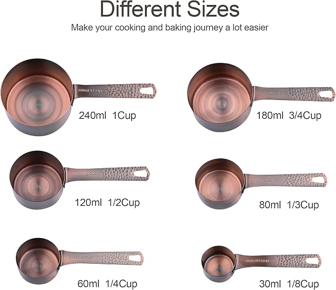 Copper Measuring Cups and Spoons Set 14, Stainless Steel Measure Cups and Spoons Set for Baking & Kitchen, 6 Metal Metric Measuring Cups and 7 Measuring Spoons 1 Leveler for Dry & Liquid
