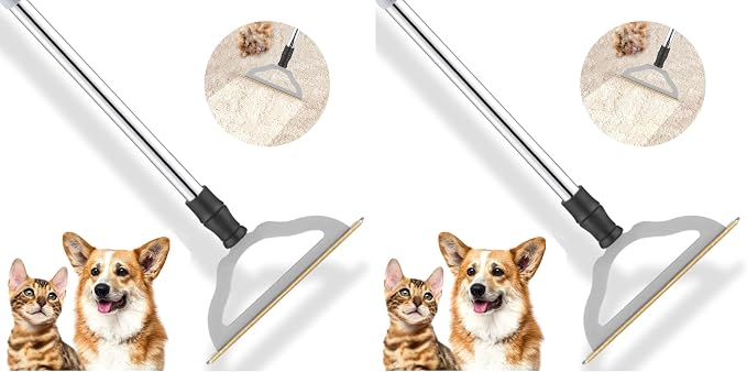 Pet Hair Remover for Carpets, Adjustable Long Handle Carpet Rake for Dog Cat Hair Removal, Powerful Carpet Hair Removal Broom, Reusable Large Fur Scraper Tool (Pack of 2)