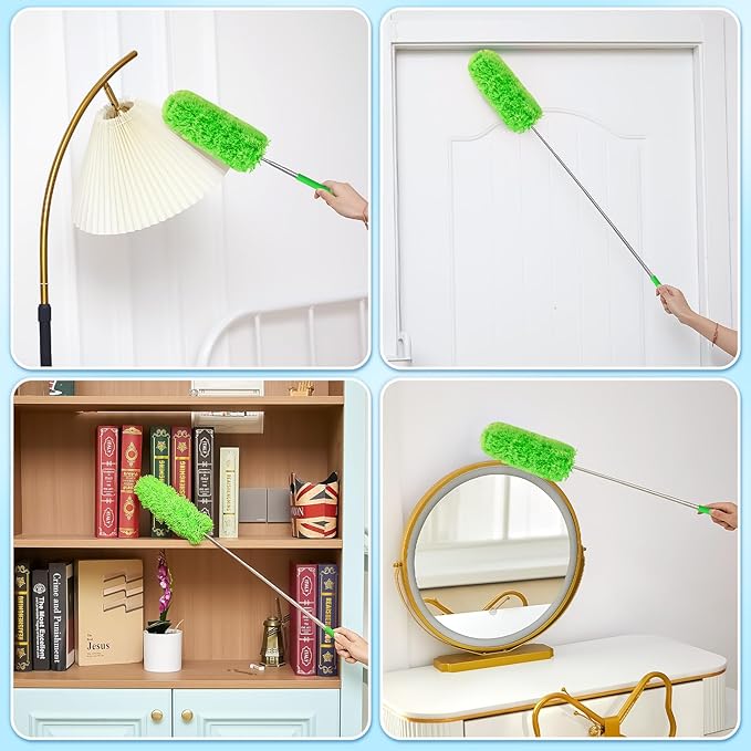 Tanlade 1 Pcs Microfiber Feather Duster for Cleaning 13-31 Inch Extendable Cobweb Dusters Ceiling Fan Duster Washable Bendable Tool for Office Car Window Furniture (Green)