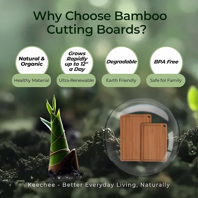 Keechee Carbonized Bamboo Cutting Board Set of 2, Wood Kitchen Boards | Deep juice grooves, built-in handles, 2 sizes for raw meat and vegetable separation, daily prep