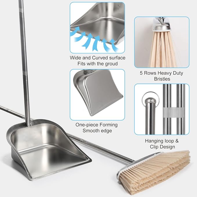 VOOWO Broom and Dustpan Set for Home, Stainless Steel Broom and Dustpan Set with Long Handle, Heavy Duty Dustpan Broom Set Standing Dust Pan Kitchen and Home Indoor Outdoor Broom
