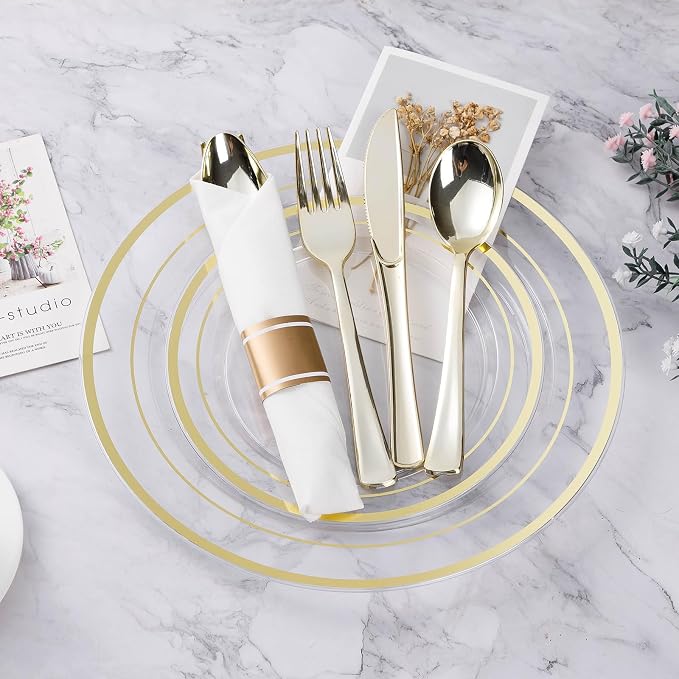 BESTVIP 350PCS Clear Gold Plastic Dinnerware Set for 50 Guests, Disposable Party Plate for Christmas and New Year,Halloween, Include: 100 Plastic Plates, 50 Pre Rolled Napkins with Silverware, 50 Cups