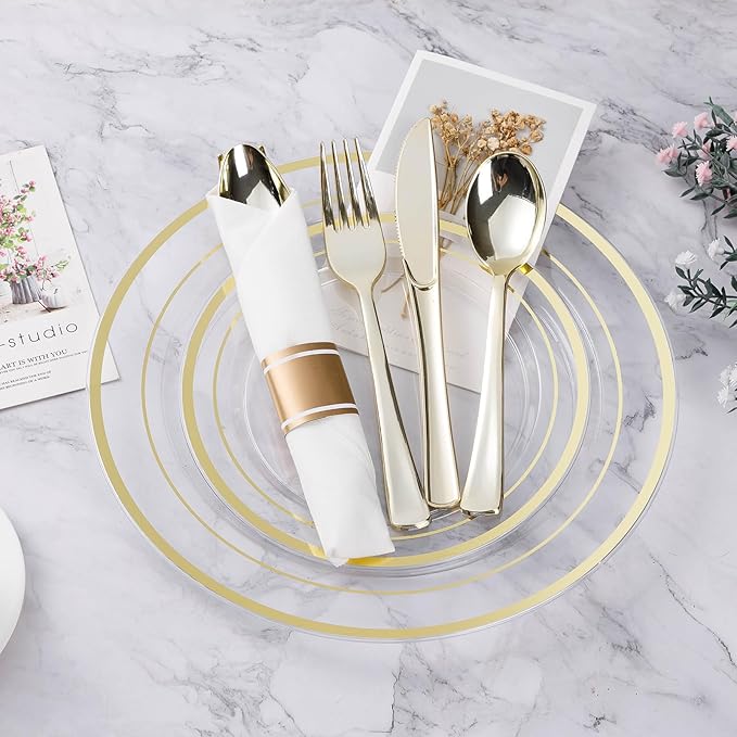 BESTVIP 700PCS Clear Gold Plastic Dinnerware Set for 100 Guests, Disposable Party Plate for Christmas and New Year, Include: 200 Plastic Plates, 100 Pre Rolled Napkins with Silverware, 100 Cups