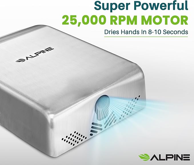 Alpine Commercial Hand Dryer with HEPA Filter, 8 Seconds Extreme Speed Electric Hand Dryer for Home Bathroom/Restaurant with Heat & Speed Control - ADA Compliant (120V Stainless Steel)