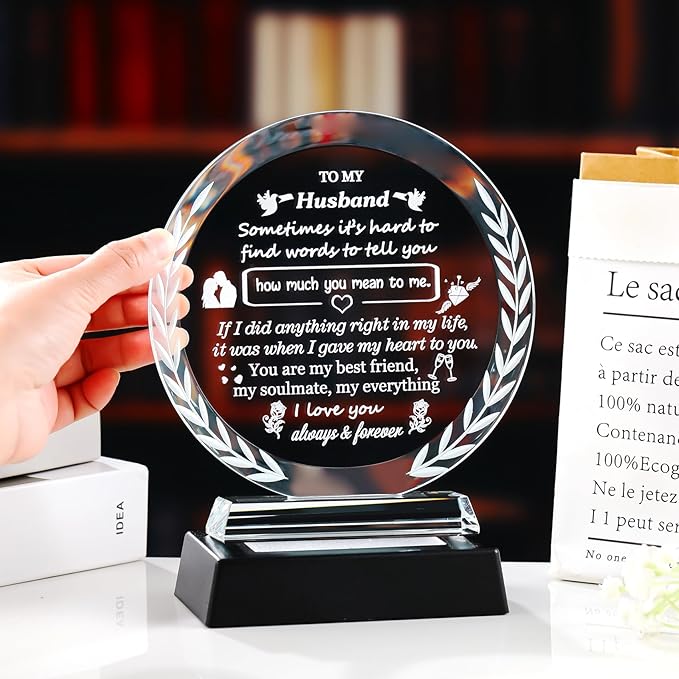 Arikyrist Gifts for Husband from Wife Fathers Day Crystal Plaque to My Husband with LED Light Base Best Husband Ever Gifts for Birthday Valentine's Day Christmas Anniversary